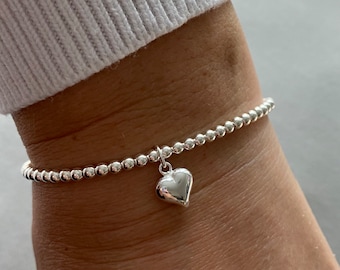 Sterling Silver heart bracelet, Beaded puffed heart charm bracelet, Stacking heart Bracelet, Heart jewellery, Gift for her
