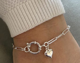 Sterling Silver paperclip bracelet, Chain link bracelet with heart charm, Heart jewellery, Gift for her, Mother Daughter gift