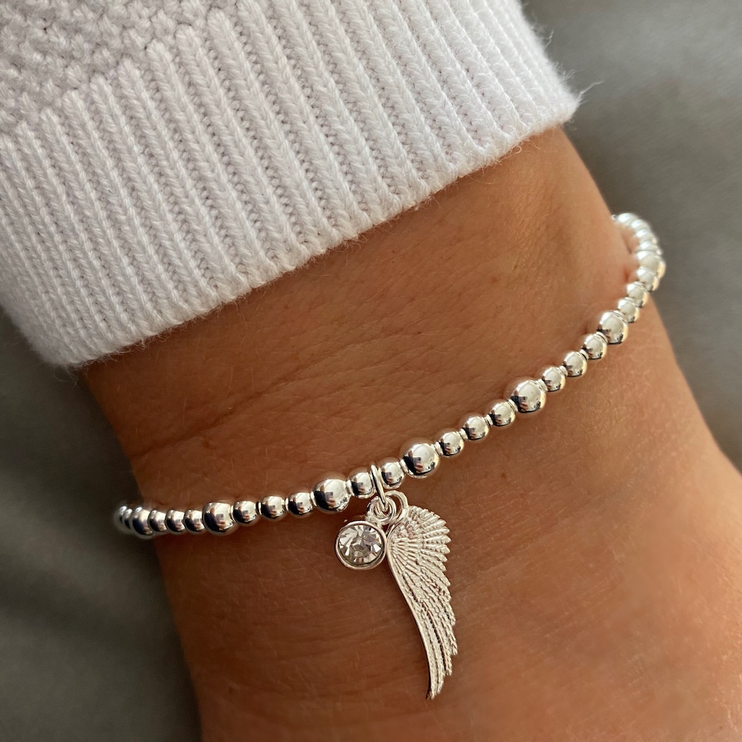 Silver Angel Wing Bracelet, Silver Beaded Angel Wing Charms Bracelet