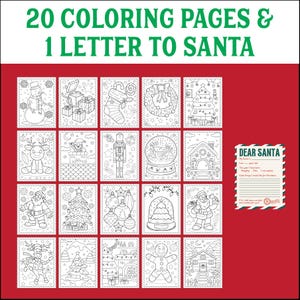 Paquete de actividades navideñas / 20 páginas para colorear navideñas imprimibles + carta a Papá Noel / Imprimibles navideños para niños, descarga digital