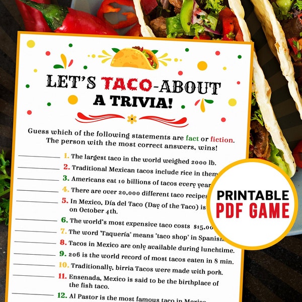 Cinco de Mayo Taco Trivia | Mexican Fiesta Printable Games | Tacos Fact or Fiction Food Quiz | Birthday & Office Party | Digital Download