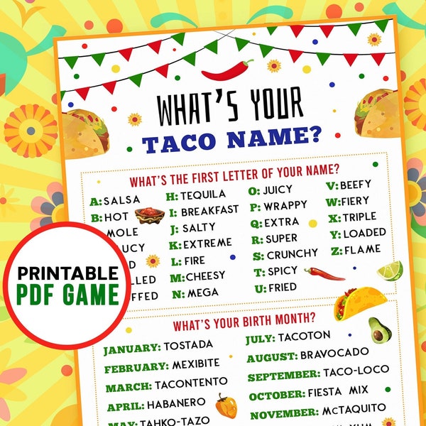Whats Your Taco Name? | Cinco De Mayo Games | Party Printables for Kids & Adults | Mexican Fiesta | Birthday Party | Digital Download