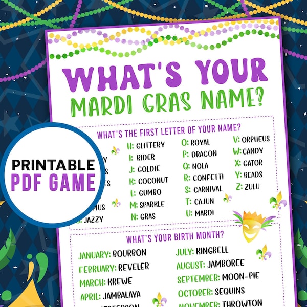 Whats your Mardi Gras name? | Party Games for adults & kids | New Orleans Fat Tuesday Printables | Digital Download