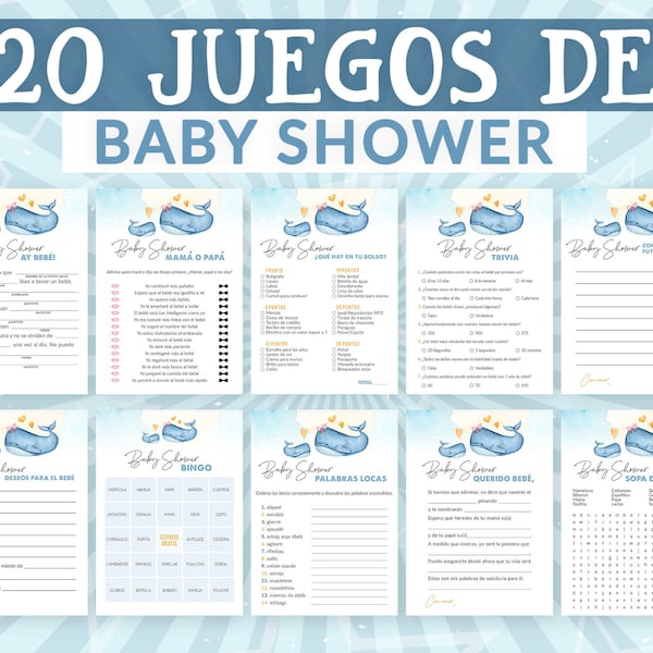 Juegos Baby Shower para niño | Pack de Imprimibles de Ballena en español | Whales Baby Shower Games in Spanish | Digital Download