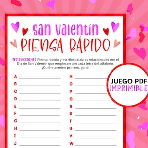 Valentines Day AZ Word Race em espanhol | Atividade de pensar rápido | Jogos para crianças e adultos | Juegos de San Valentin en español