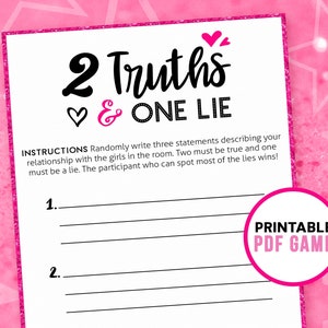 Ladies Night Games - Two Truths and a Lie | Girls Night Party Games | 2 Truths 1 Lie | Printable Games for adults | Includes free Bingo
