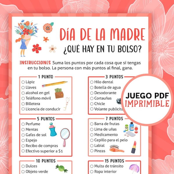 Jeu de fête des mères en espagnol - Qu'y a-t-il dans votre sac ? | Juegos del Dia de la Madre en espagnol | Jeux pour enfants, adolescents et adultes | Téléchargement numérique