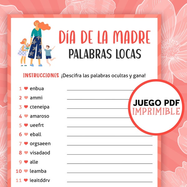 Jeux de fête des mères en espagnol - Mots brouillés | Jeux à imprimer pour adultes et enfants | Juegos del Dia de la Madre en espagnol | Téléchargement numérique