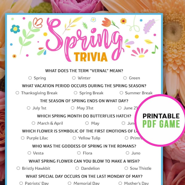 Spring Trivia Game | Printable Spring Activity for Adults, Teens & Kids | Spring School Games | Digital Download