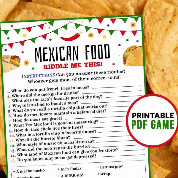 Cinco de Mayo Riddle me this! | Mexican Food Funny Jokes | Food Quiz Printable Games | Mexican Fiesta Office Party | Digital Download