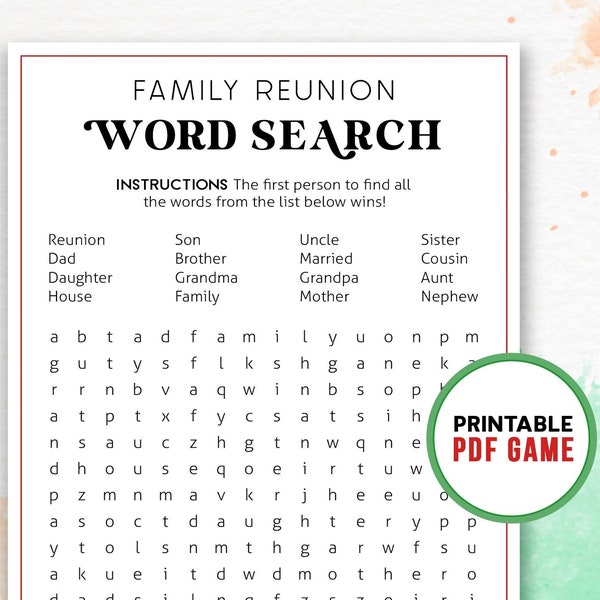 Family Reunion Word Search | Family Gathering Party Games | Printable Activities for adults, teens & kids | Family Night | Digital Download