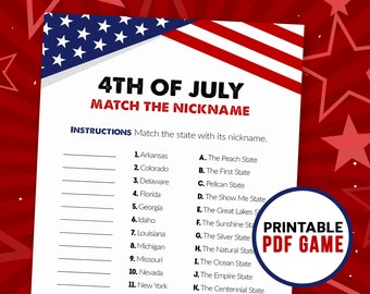 Fourth of July Trivia Game - Match the State's Nickname | US Independence Day | 4th of July Printable Games | Family Games | Class Party