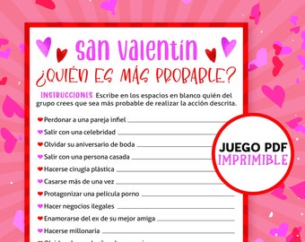 Spanish Valentines Day - Who is most likely to | Printable Games for adults | Juegos de San Valentin en español | Digital Download