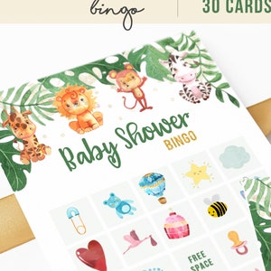 Safari-Baby-Dusche-Druck-Bingo-Spiel | Dschungel-Babyparty | Enthält 30 Bingo Karten
