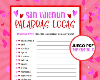 Spanish Valentines Day Word Scramble | Games for kids & adults | Printable Activity | Digital Download