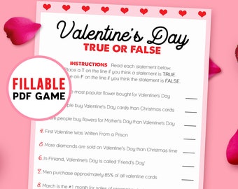 True or False Trivia - Valentines Day | Printable Game | Fillable PDF | Galentines Party | Virtual Zoom Party | Trivia Quiz Game