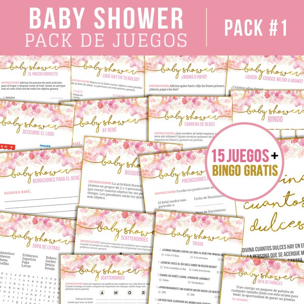 Spanish Baby Shower Games for Baby Girl | Pink Floral Design | Juegos de Baby Shower Es Niña