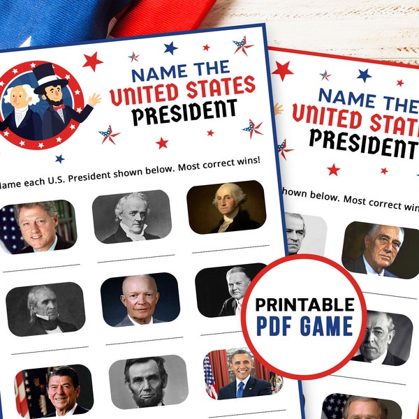 United States Presidents Trivia Game | 4th of July Patriotic Picture Quiz | USA Printable Education Worksheet | Labor Day | Memorial Day