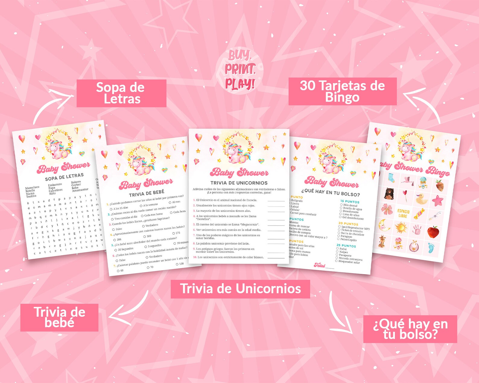 Baby Shower Games in Spanish Juegos Baby Shower De Unicornio Etsy