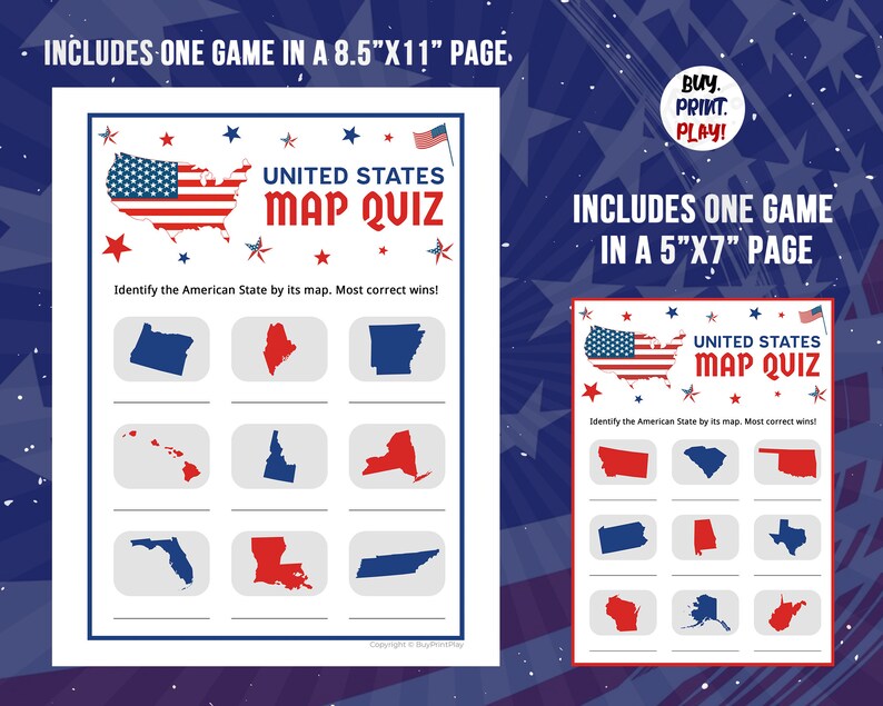 United States Map Picture Quiz 4th of July Patriotic Trivia - Etsy