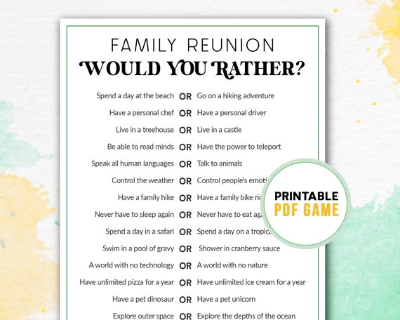 Printable Would You Rather Game Family Reunion Party 