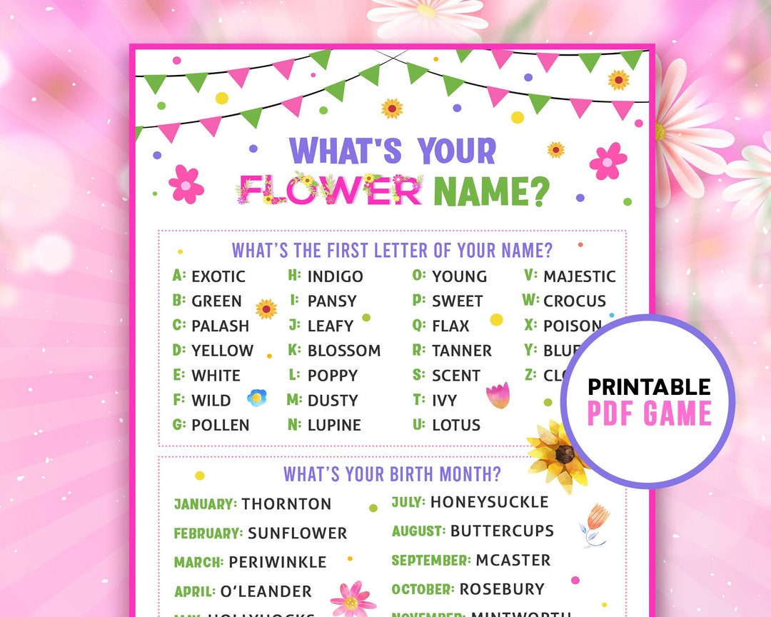 Whats Your Flower Name Springtime Games Party Printables for Kids