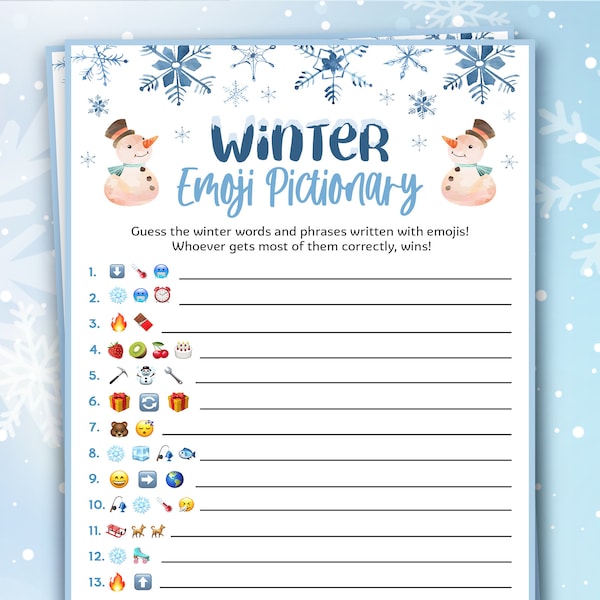 Winter Emoji Pictionary Trivia Game | Fun Wintertime Emoji Quiz | Cold Weather, Snow Days Printable Activities | Family School Holiday Games