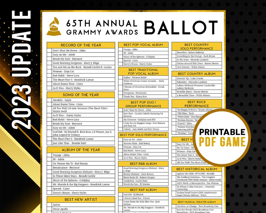 2023 Grammys Ballot 65th Music Awards Predictions Academy - Etsy Australia