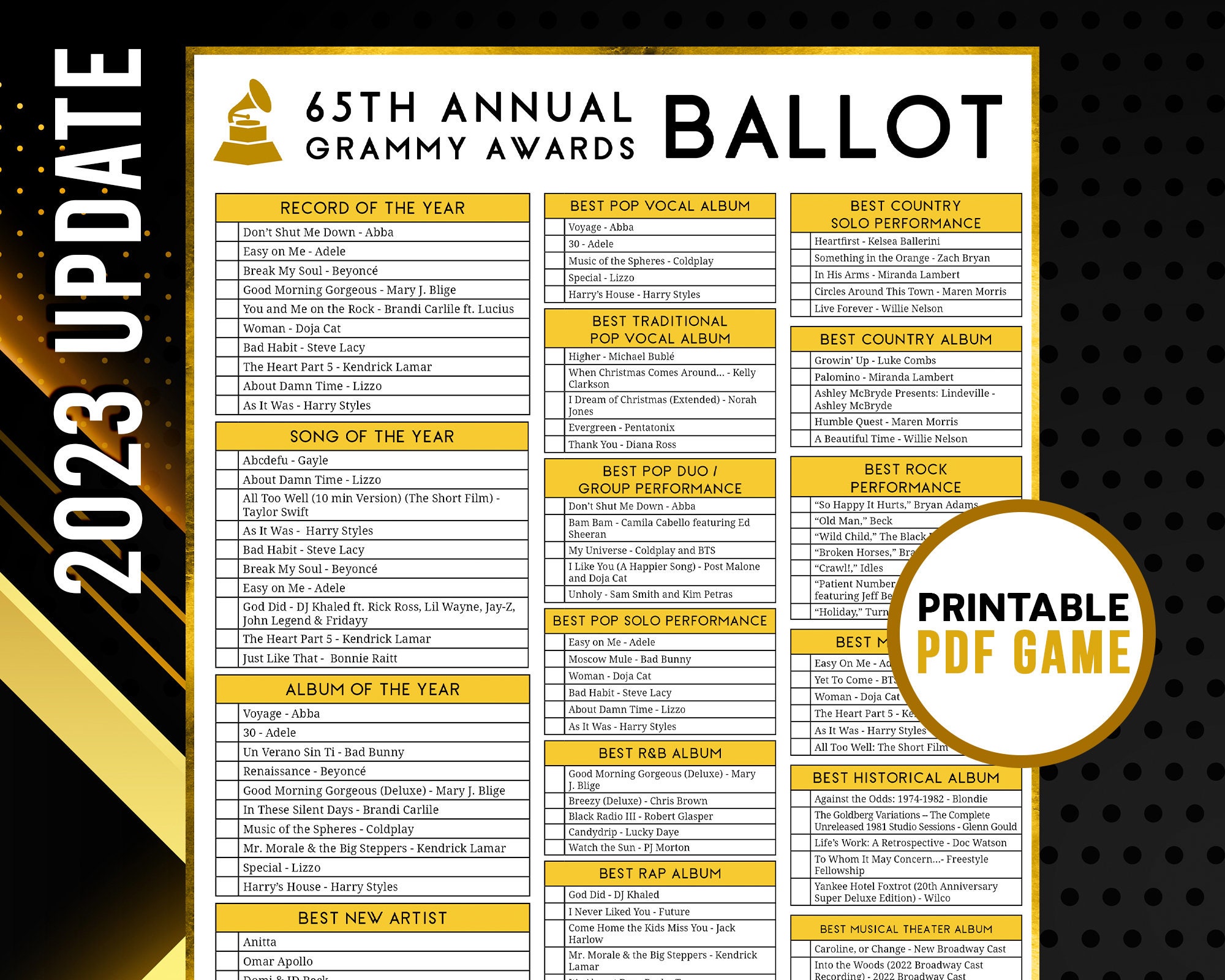 2023 Grammys Ballot 65th Music Awards Predictions Academy - Etsy