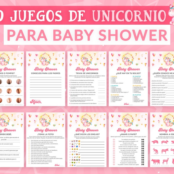 Baby Shower Games in Spanish | Juegos Baby Shower de Unicornio | 20 printable games for a girls baby shower | Digital Download