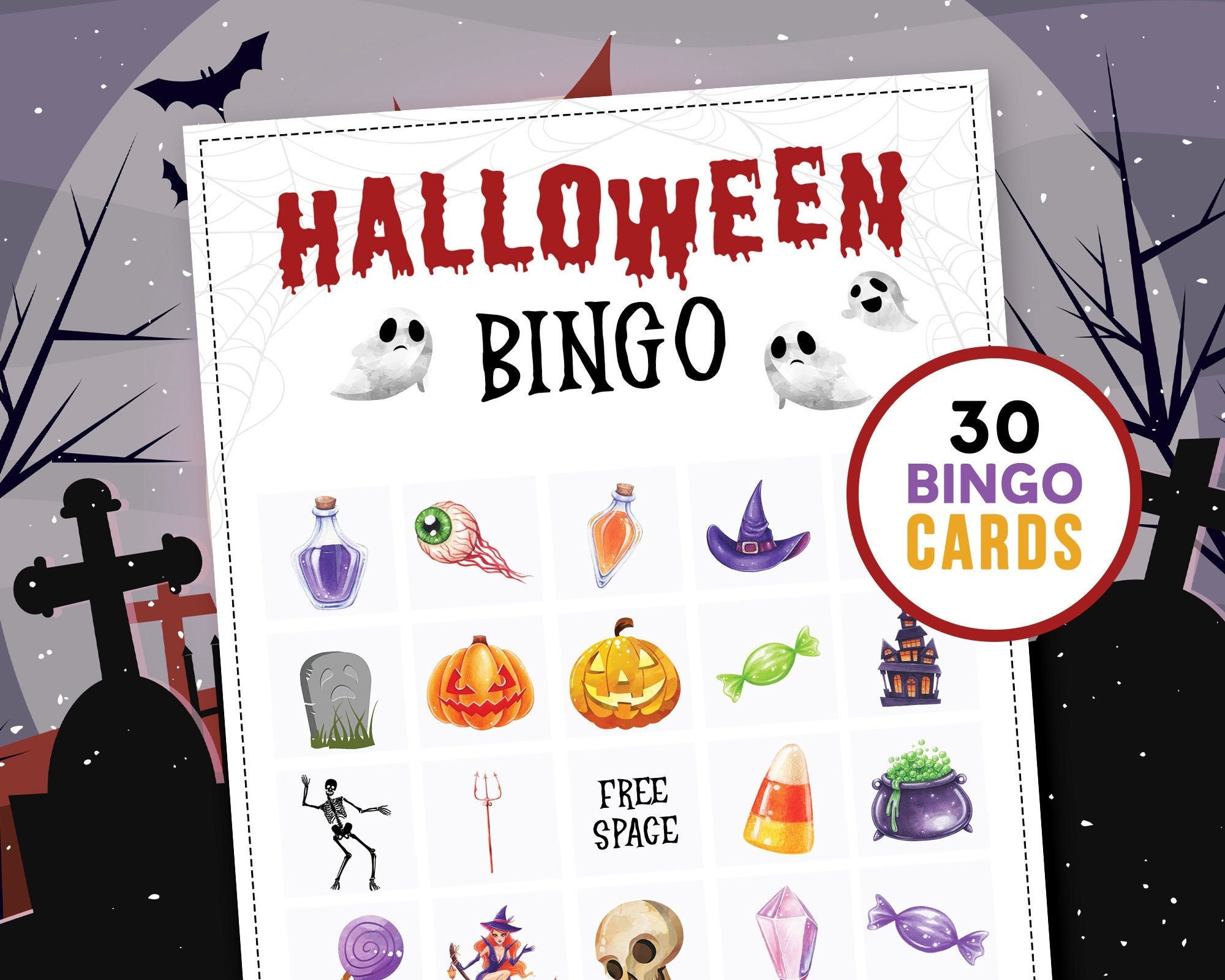 Halloween Bingo Game Includes 30 Unique Cards Picture - Etsy