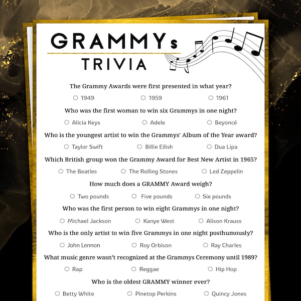 Grammys Award Party Trivia Game | 2024 Music Academy Awards Party Quiz | Fun Printable Group Games for Adults | Office & Family Activity