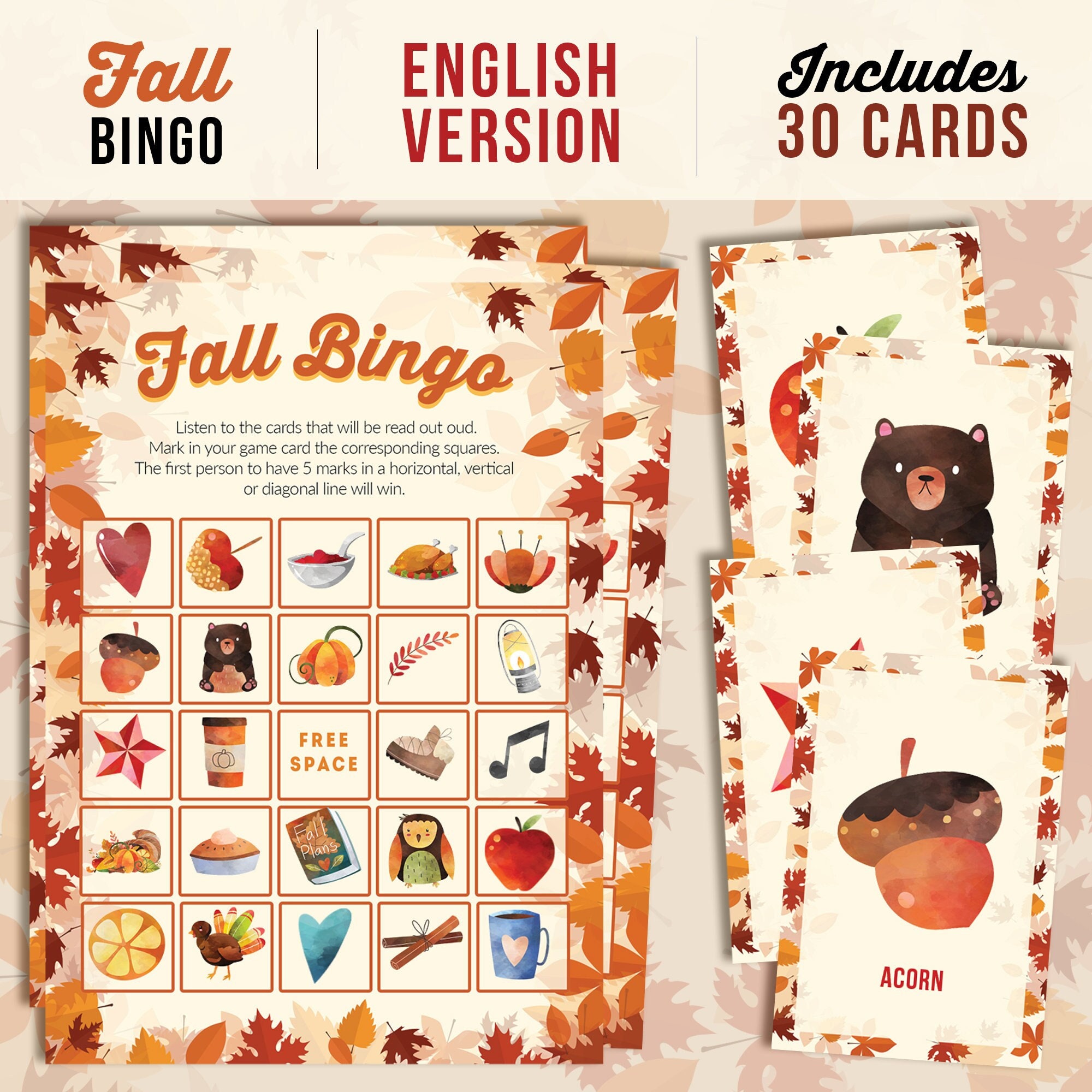 Fall Bingo Game Fall Time Activities for Adults & Kids - Etsy