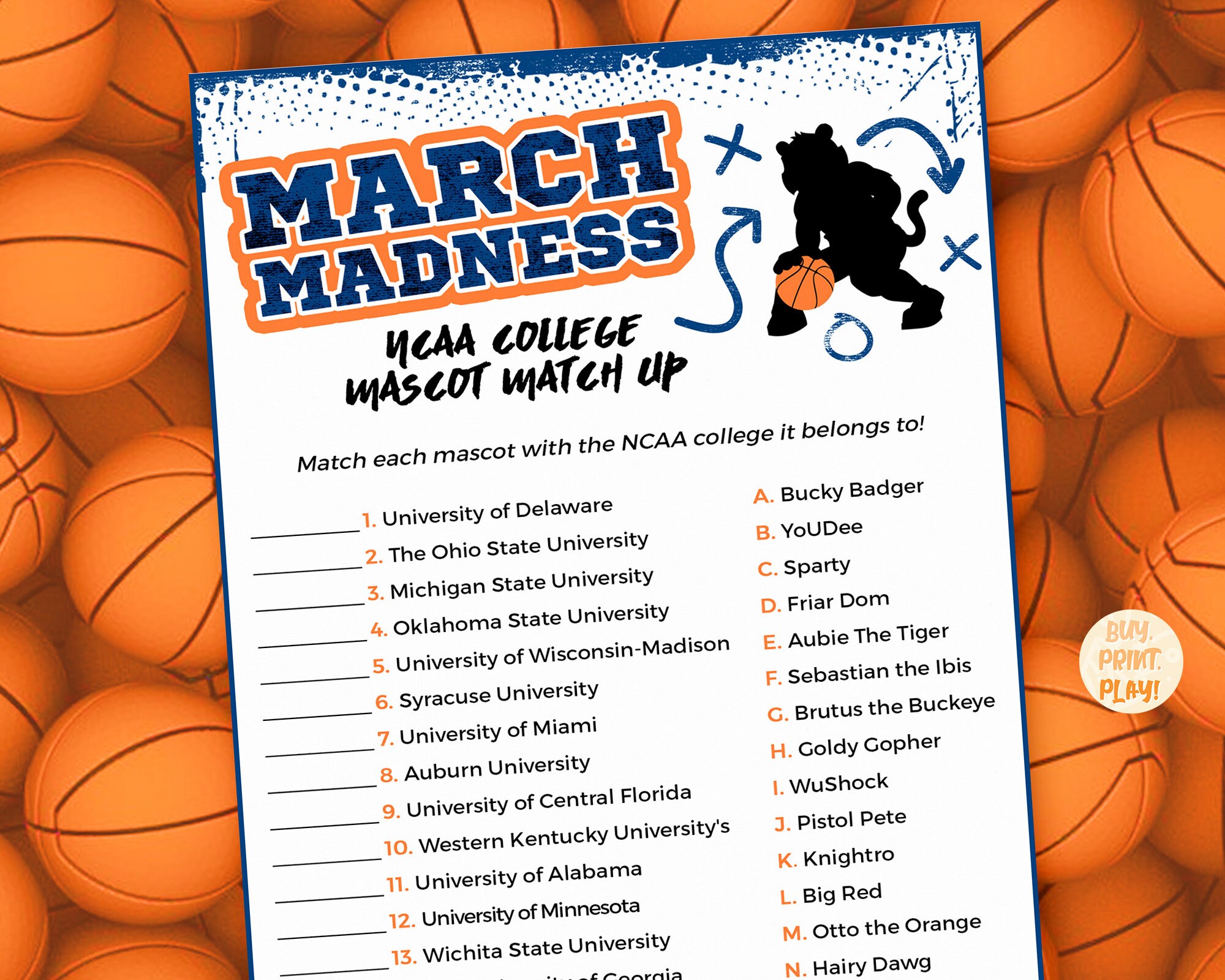 March Madness College Mascot Match Up Trivia Game For Etsy