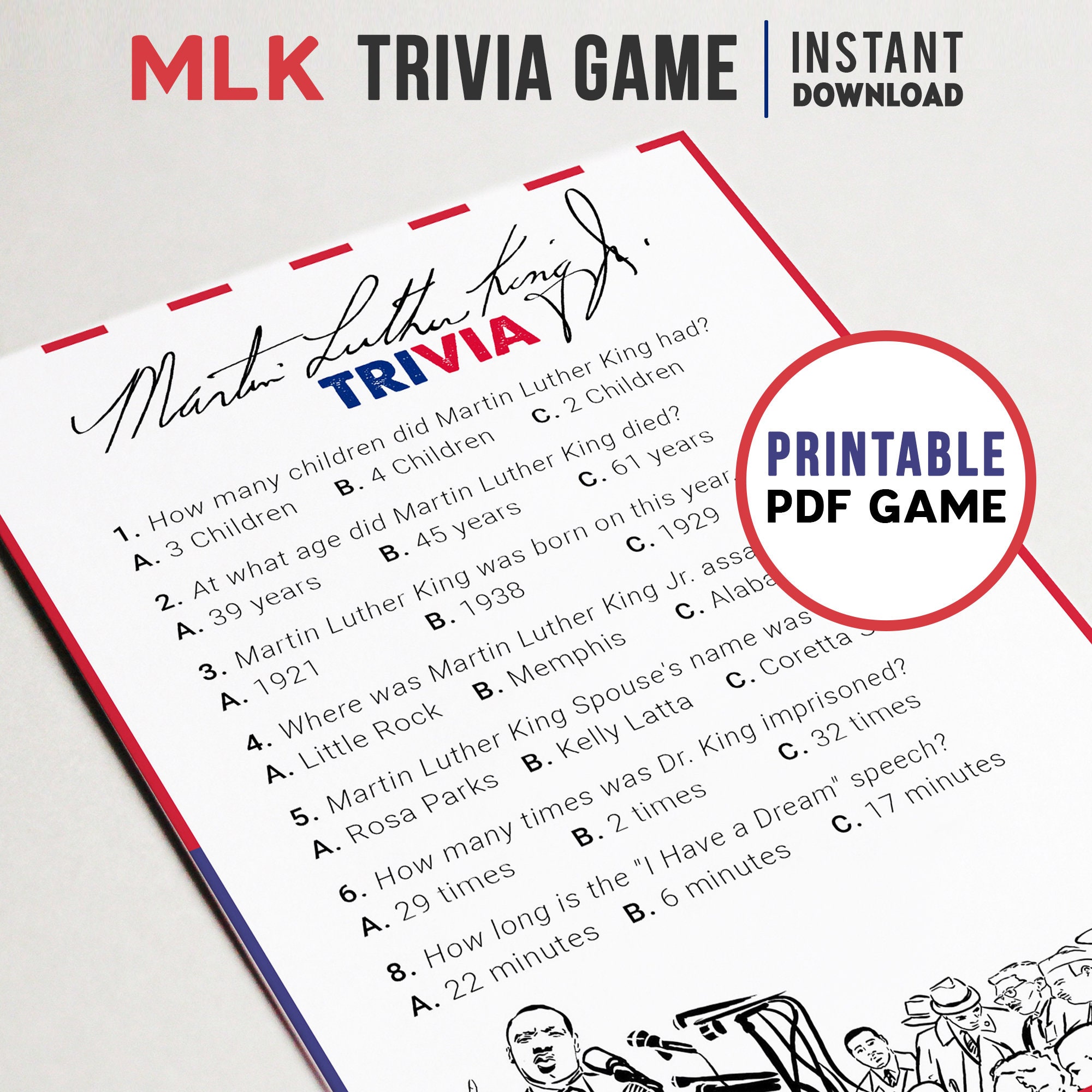 Martin Luther King Trivia Game Printable Activity MLK Jr Etsy