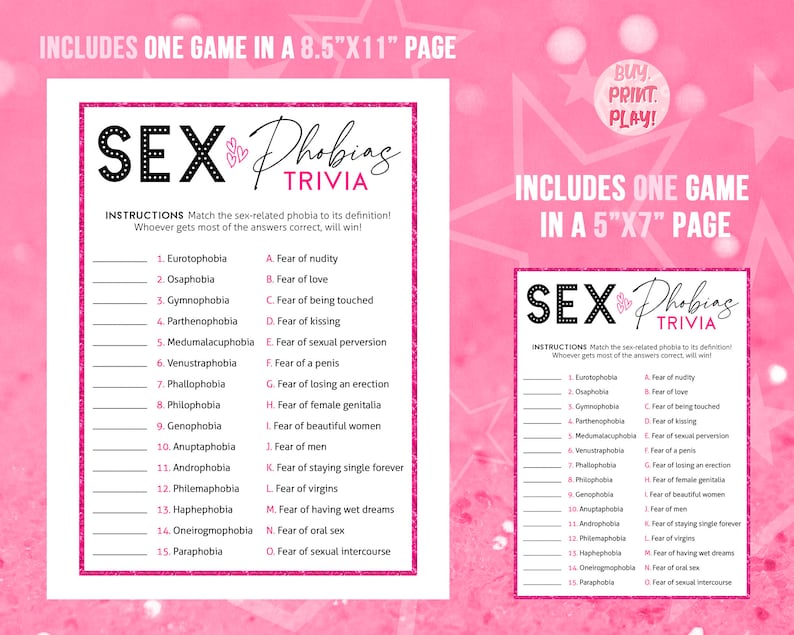 Sex Phobias Trivia Ladies Night Games Girls Night Activity - Etsy