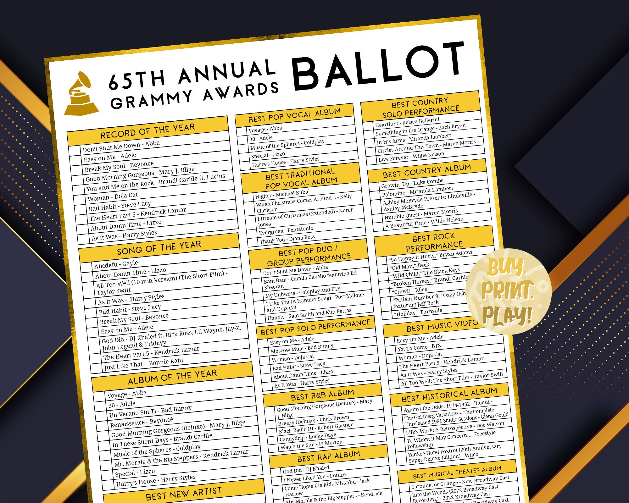 2023 Grammys Ballot 65th Music Awards Predictions Academy - Etsy