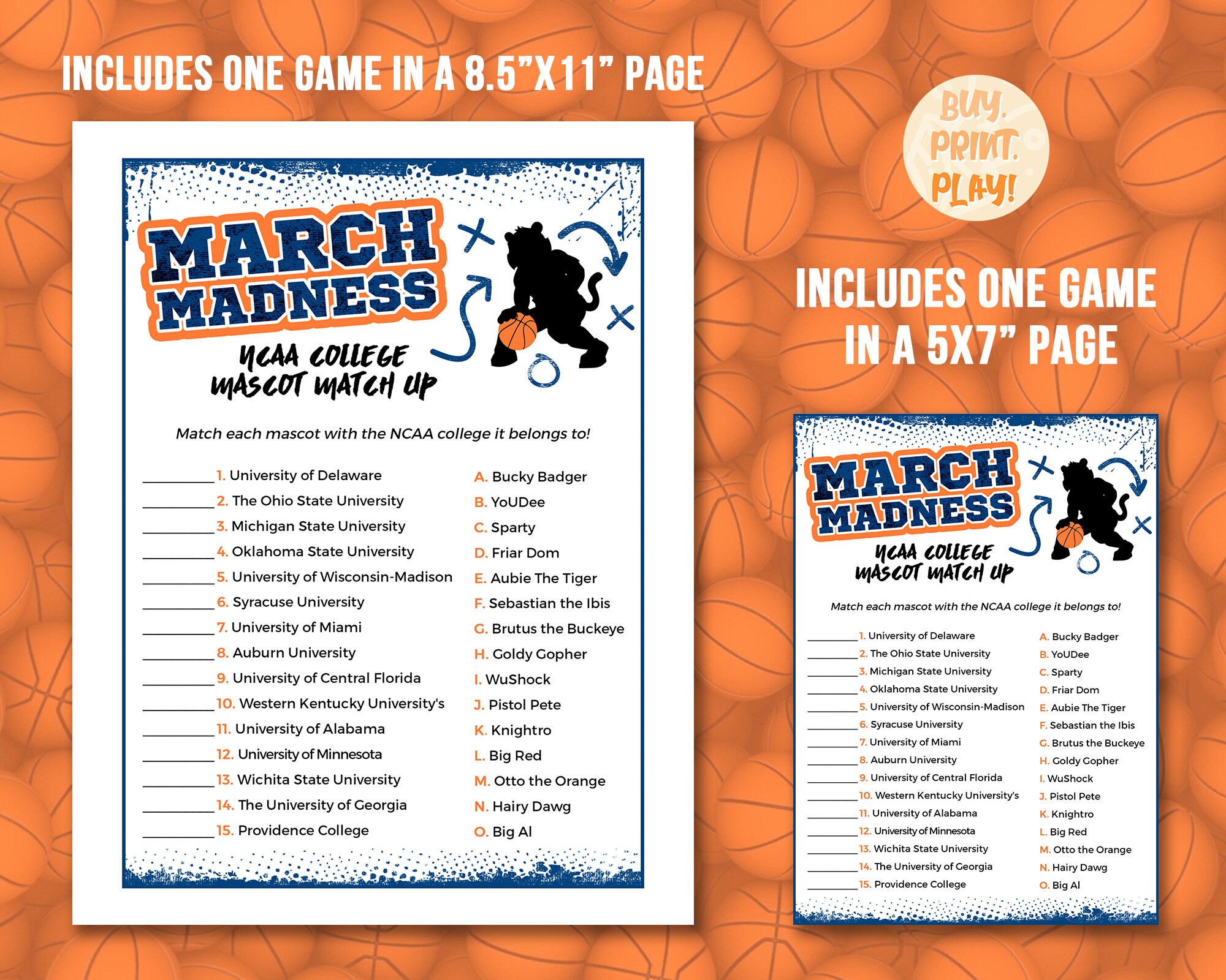 March Madness College Mascot Match up Trivia Game for Etsy