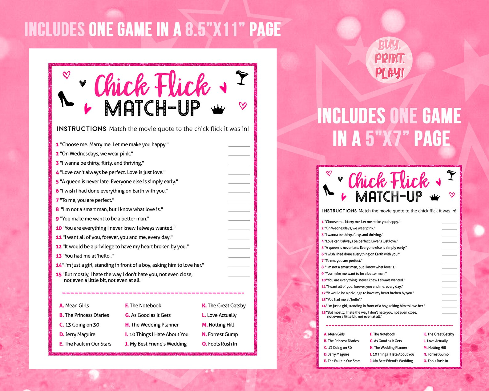 Chick Flick Match up Quote Trivia Ladies Night Party Printable Game