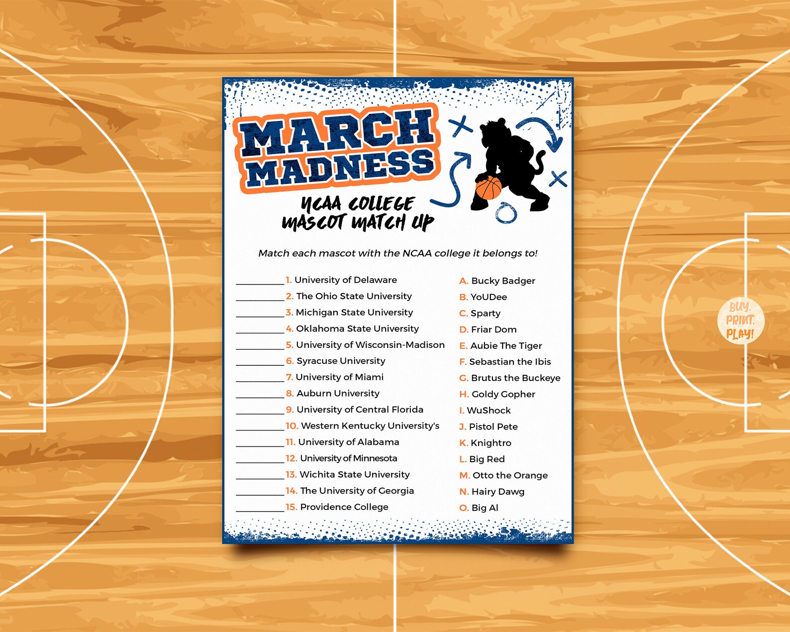 March Madness College Mascot Match Up Trivia Game For Etsy