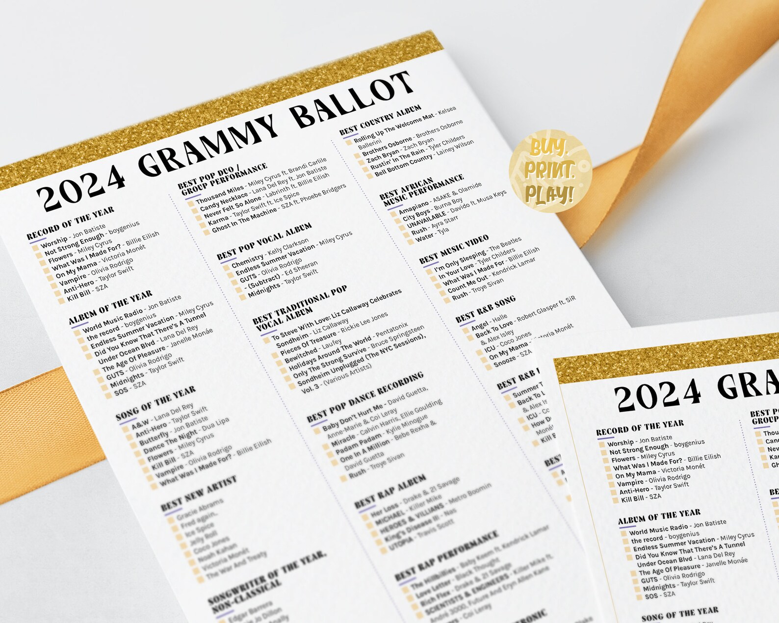 2024 Grammys Ballot for 66th Music Awards Printable Predictions Game ...