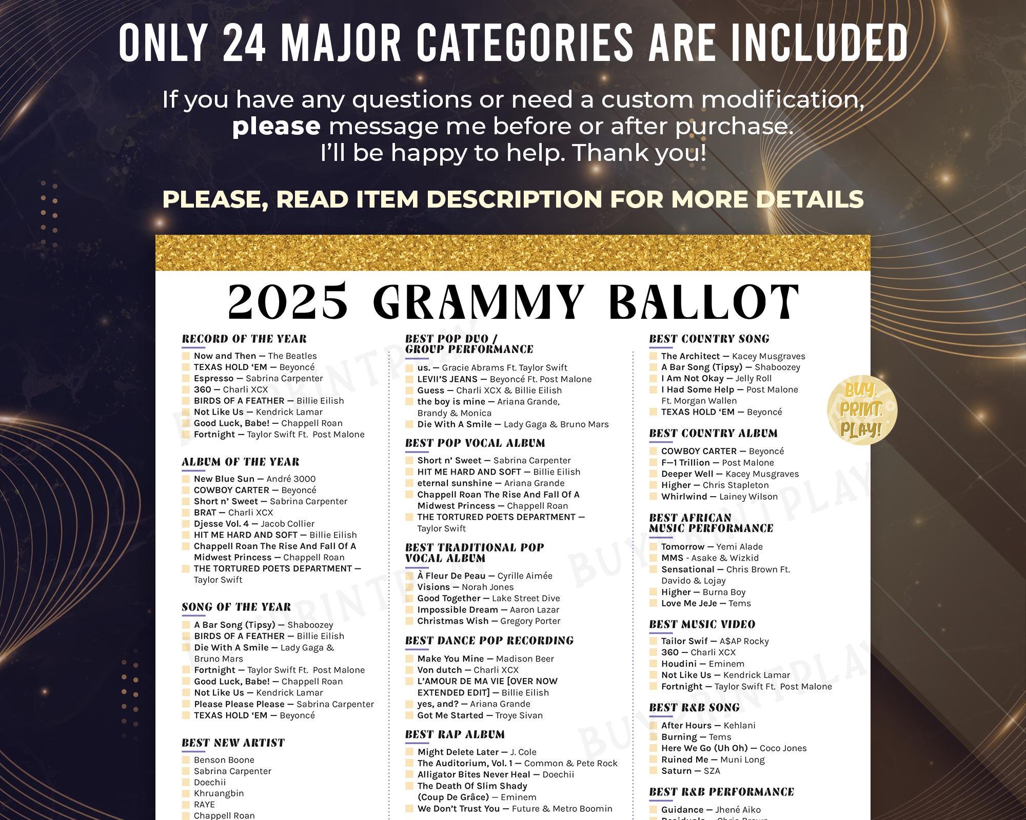 2025 Grammys Ballot for 67th Music Awards | Printable Predictions Game for 24 Major Categories | TV Ceremony Academy Awards Watch Party - Etsy 2025-grammys-ballot-for-67th-music-awards-printable-predictions-game-for-24-major-categories-tv-ceremony-academy-awards-watch-party-etsy