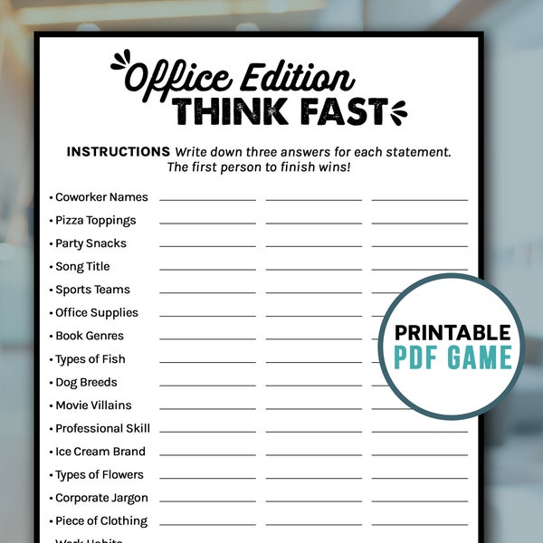 Office Party Think Fast | Printable Games for Work | Team Building & Work Retreat Activities | Digital Download