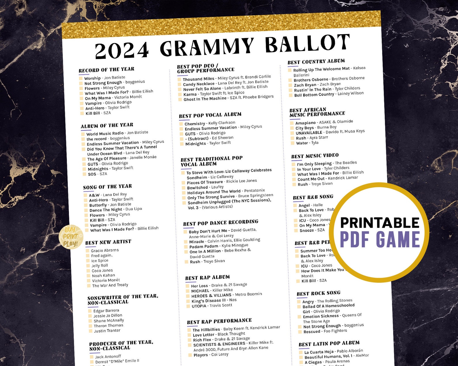 2024 Grammys Ballot for 66th Music Awards Printable Predictions Game