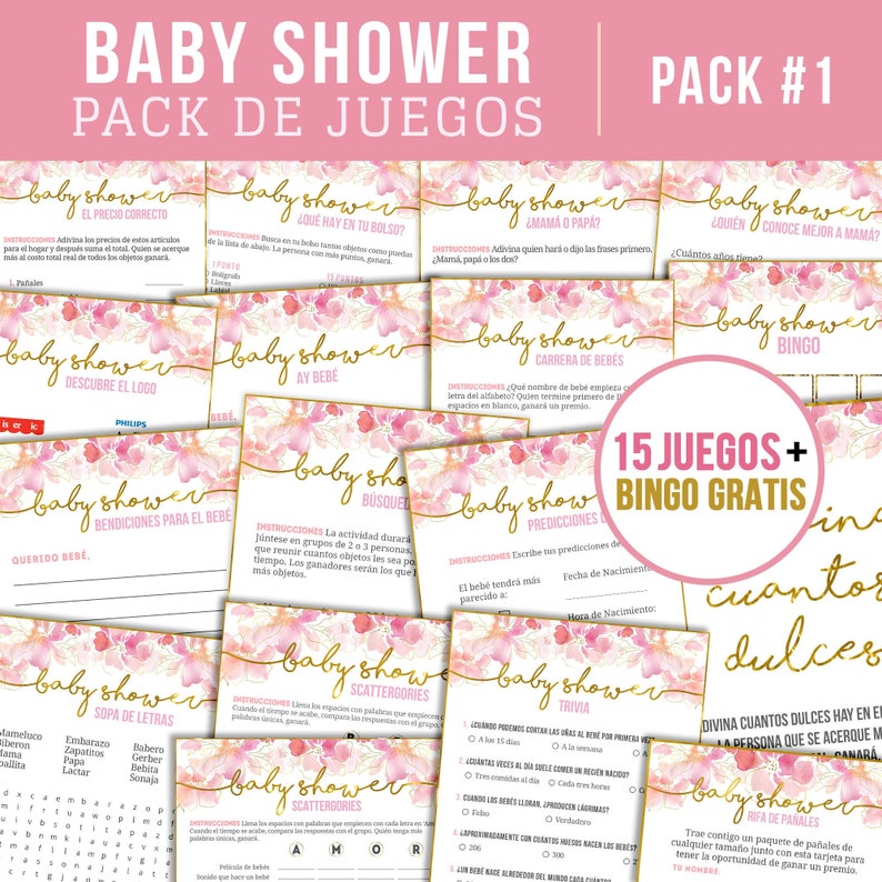 spanish baby shower games for baby girl pink floral design etsy