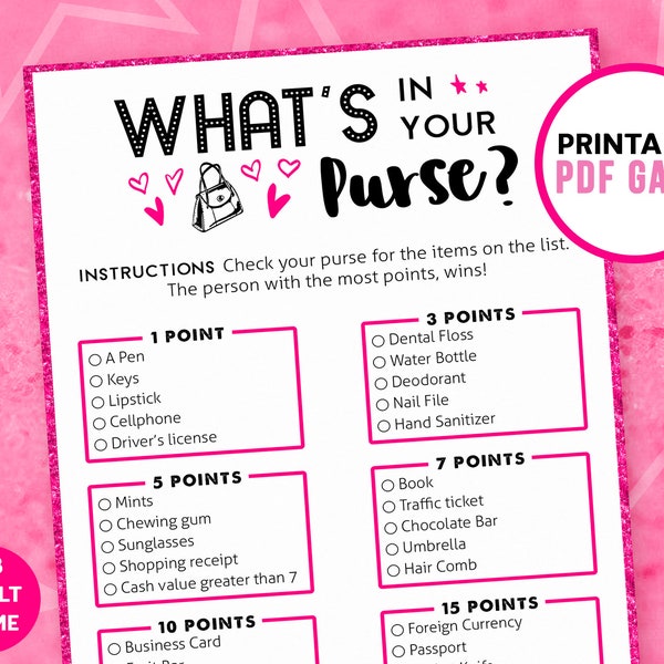 What's in your purse | Ladies Night Games | Whats in your bag | Girls Night Printable Games | Bachelorette Game | Includes Free Bingo