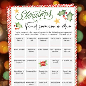 30 kerstbingospelkaarten | Zoek iemand die | Vind de gast | XMAS Office Party afdrukbare spellen
