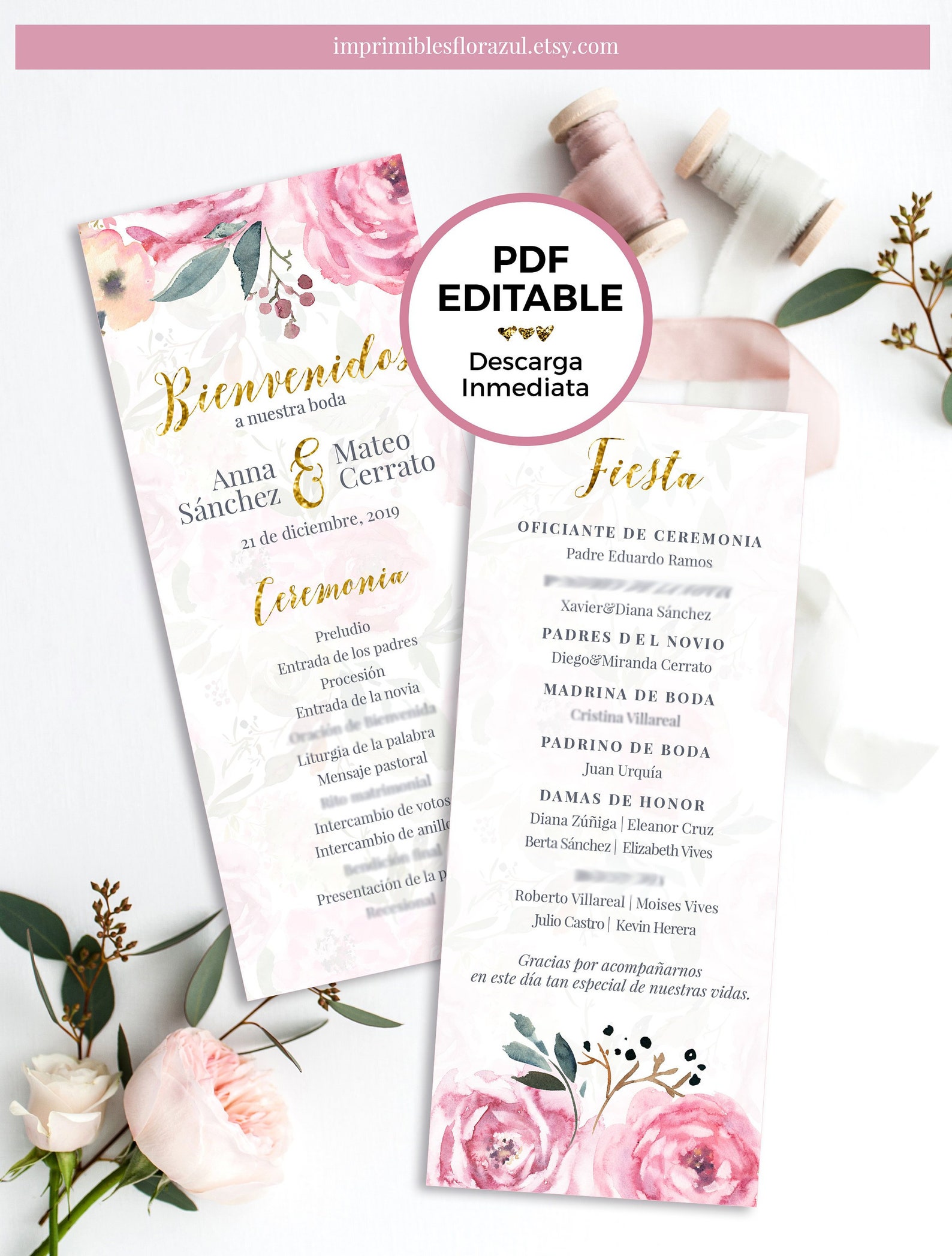 Printable Wedding program in spanish editable design Etsy