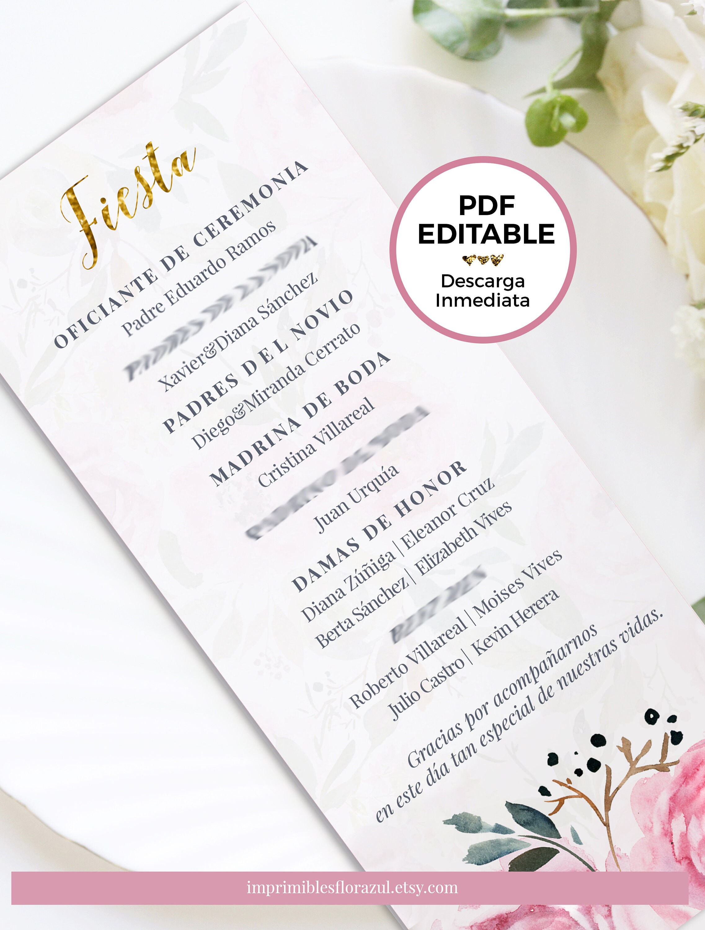 Printable Wedding program in spanish editable design Etsy