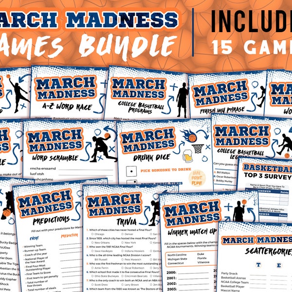 March Madness Party Games Bundle | 15 NCAA Basketball Printables | 2023 College Basketball Tournament | Digital Download